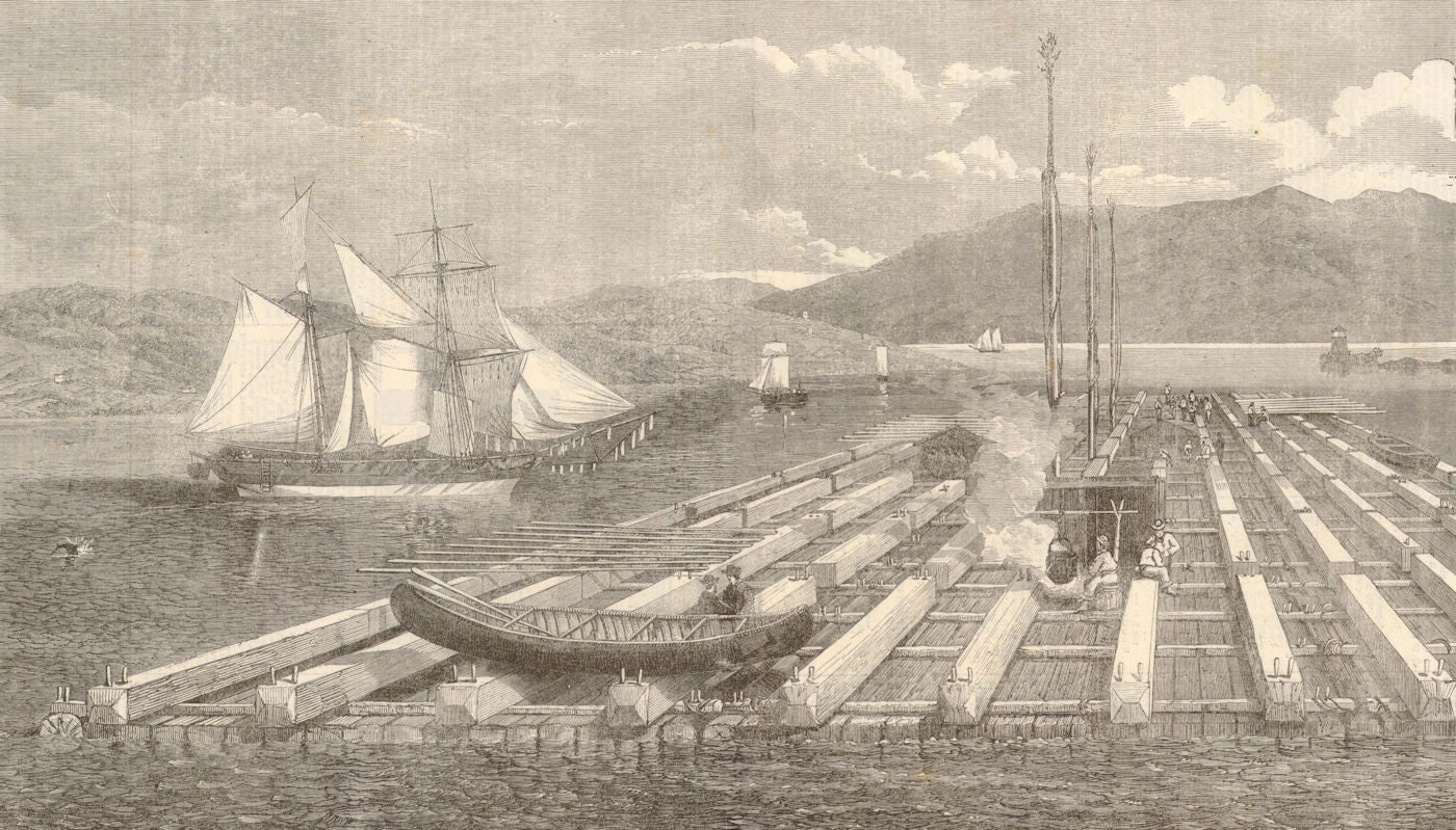 Canadian Lumber trade: A raft on the St. Lawrence. Ships 1863 old print